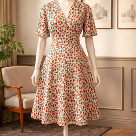 Rita Kleid mit Erdbeer-Print aus 100% Bio-Baumwolle. Vintage-inspiriert, feminin geschnitten und nachhaltig produziert in London.