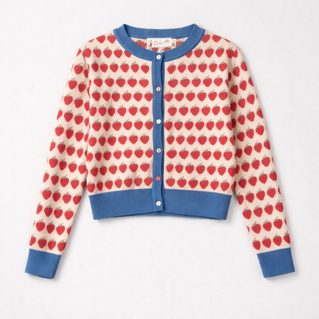 Palava Cardigan „Vera“ mit Erdbeer-Muster aus Bio-Baumwolle. Vintage-inspirierte Strickjacke in Creme mit roten Details – nachhaltig & besonders.