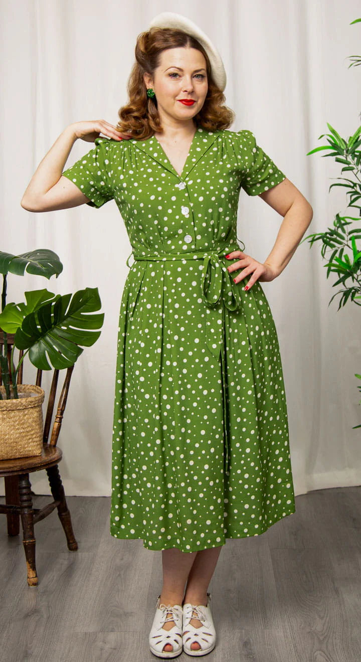 Katherine Shirt Dress Green Polka Dot Vintage Kleid mit weißen Punkten