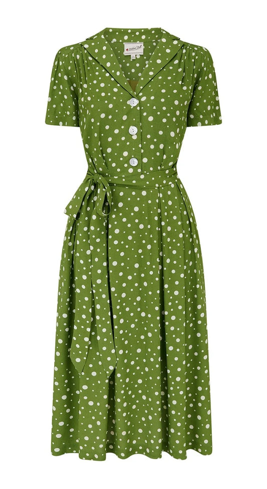 Grünes Retro-Kleid mit Punkten und praktischen Seitentaschen