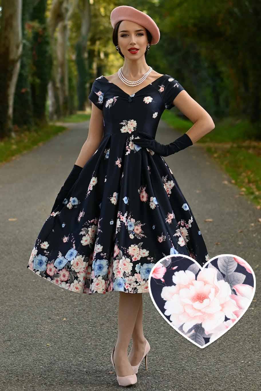 Dolly & Dotty Lily Navy Garden 50er Jahre Blumenkleid