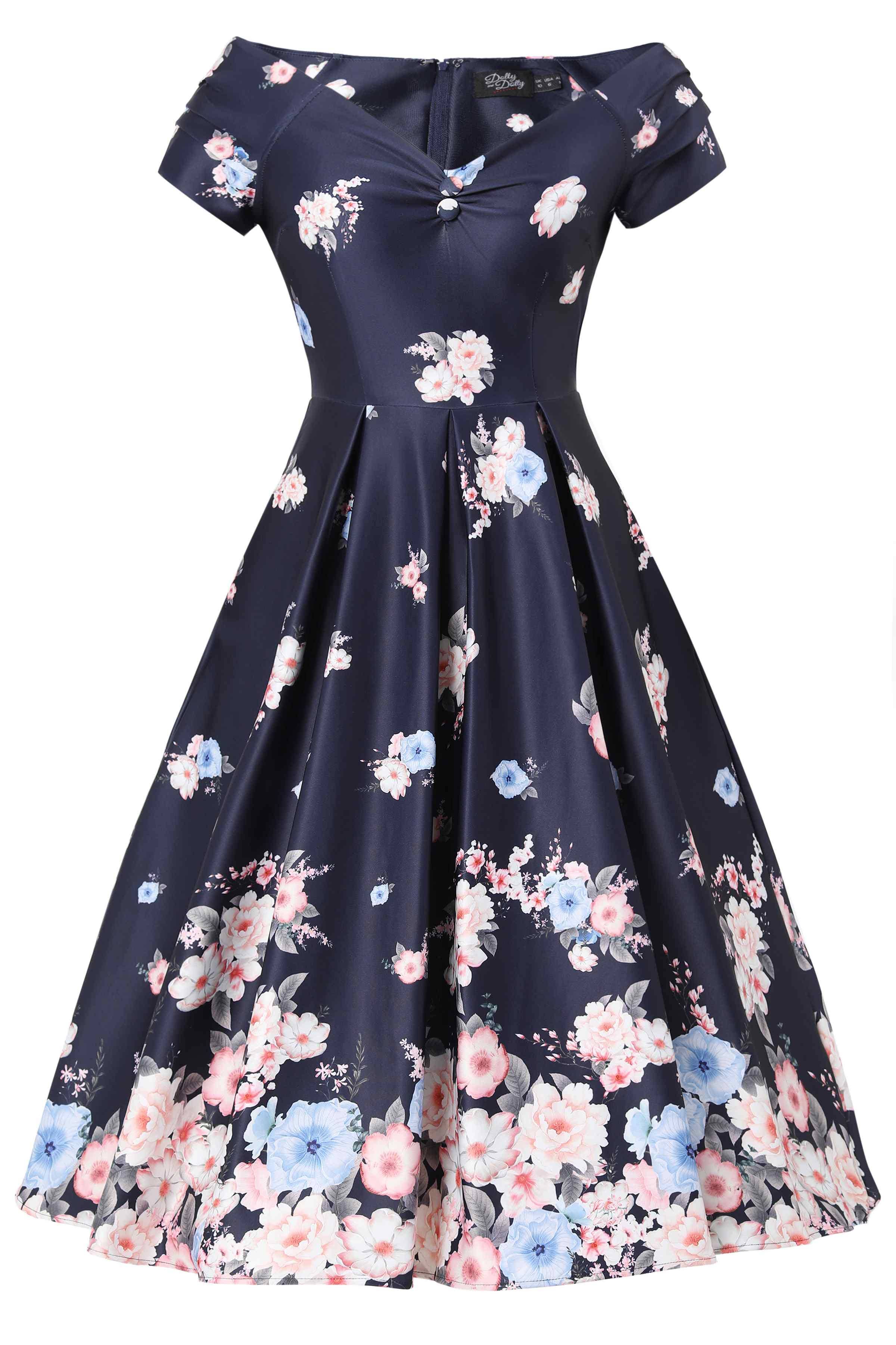 Marineblaues Vintage Kleid mit rosa und hellblauen Blumen