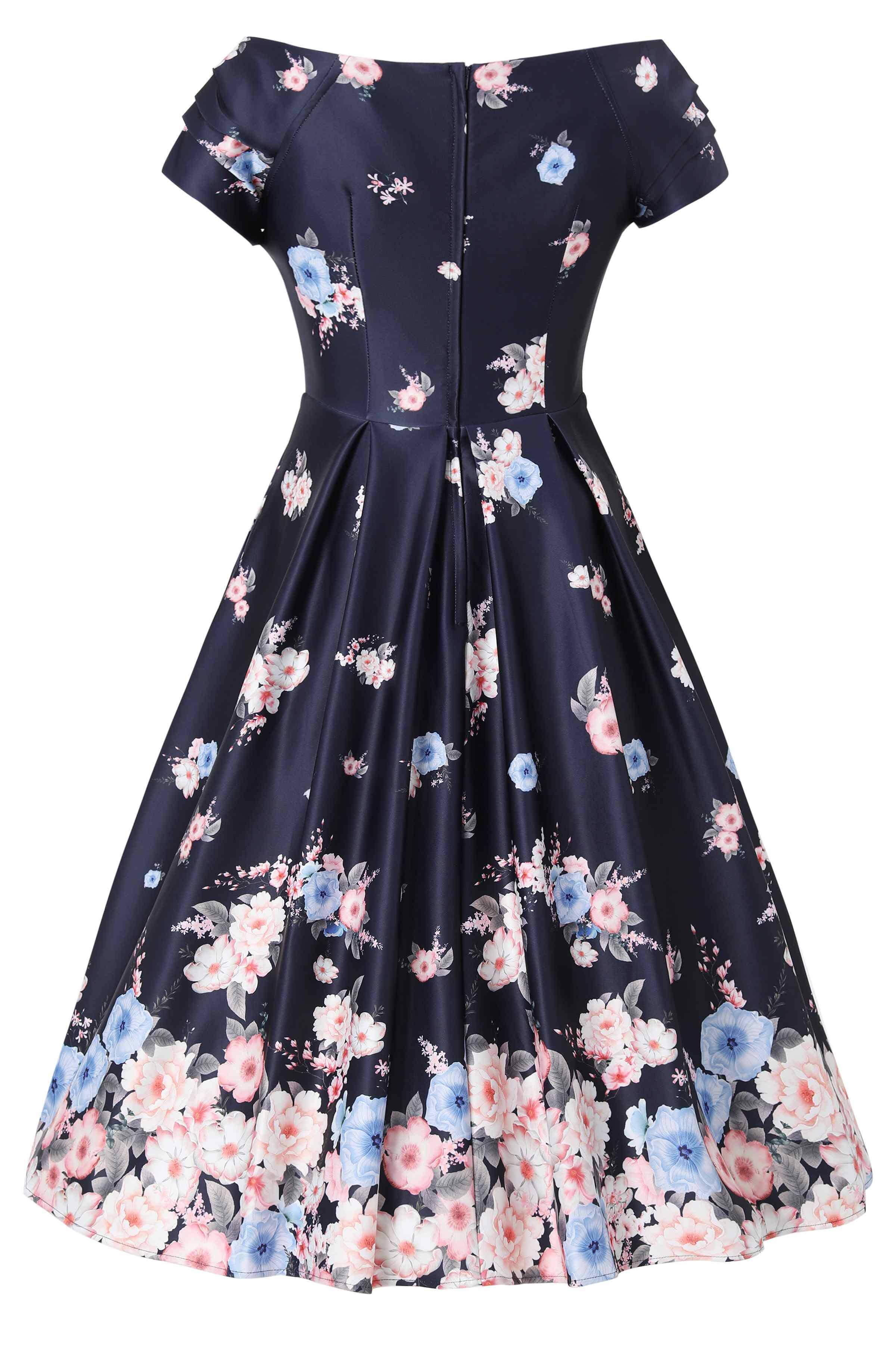 50er Jahre Blumenkleid in Navy mit floraler Bordüre am Rocksaum