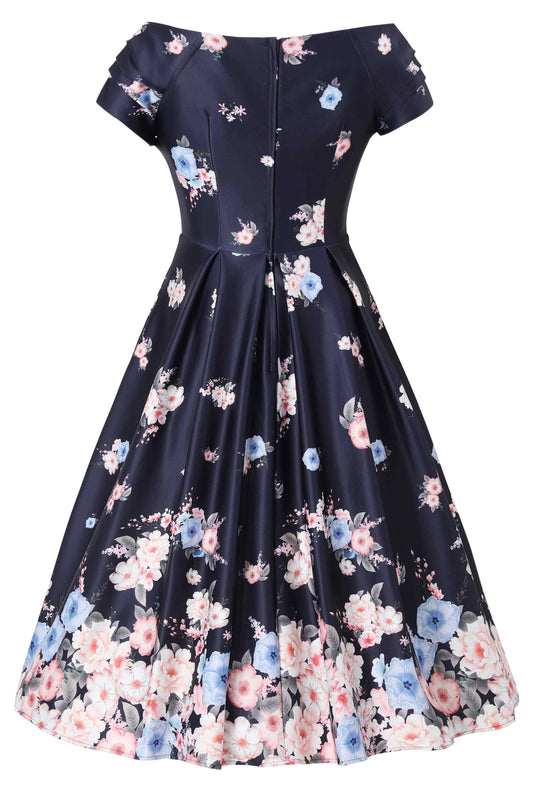 50er Jahre Blumenkleid in Navy mit floraler Bordüre am Rocksaum