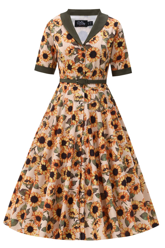 Mollie Sonnenblumen Hemdkleid im 50er Jahre Stil mit olivgrünem Kragen und Gürtel