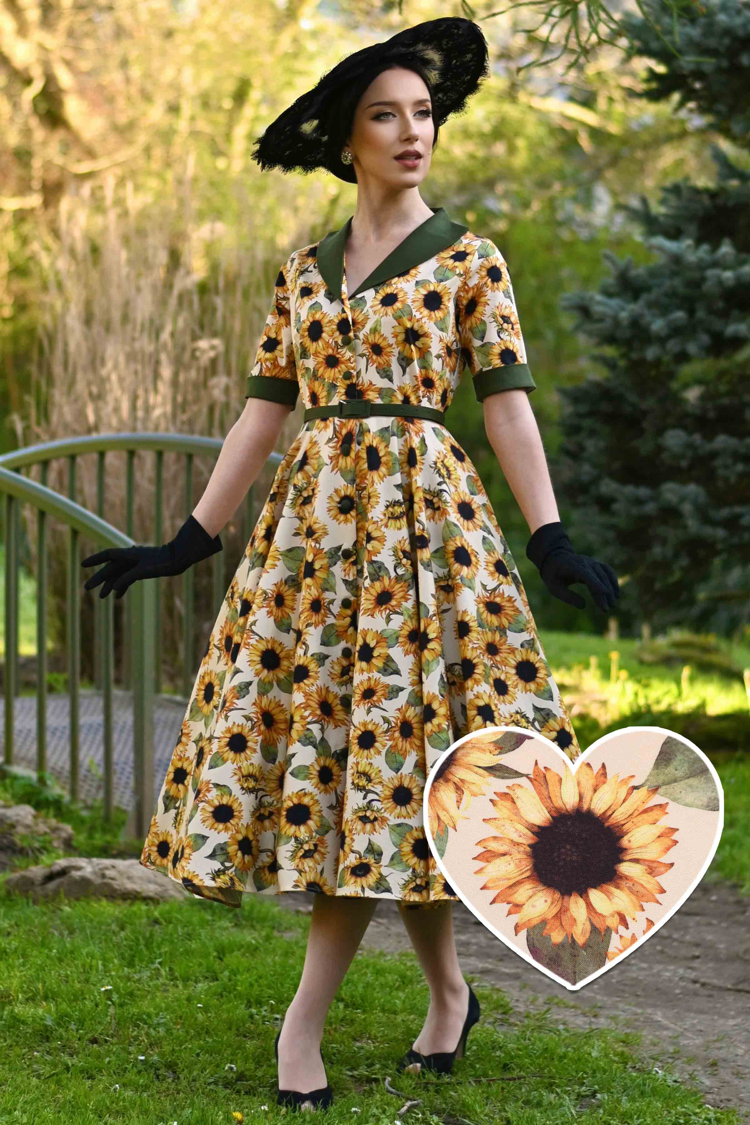 Frau im Mollie Vintage Hemdkleid mit Sonnenblumenprint und weitem Rock