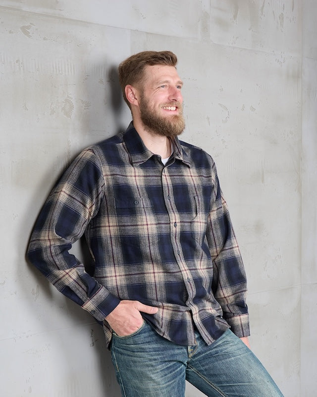 Pike Brothers 1937 Roamer Shirt Blue Beige Check – Herren Flanellhemd Vorderansicht