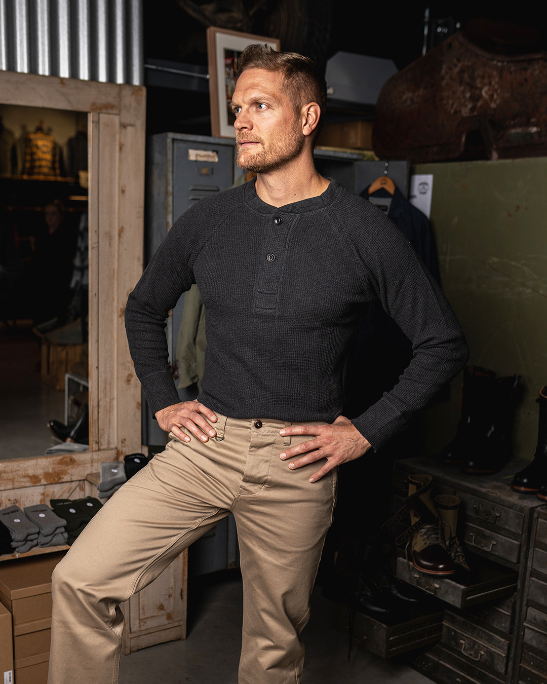 Waffelstrick Shirt Herren grau Pike Brothers 1936 Henley Baumwolle