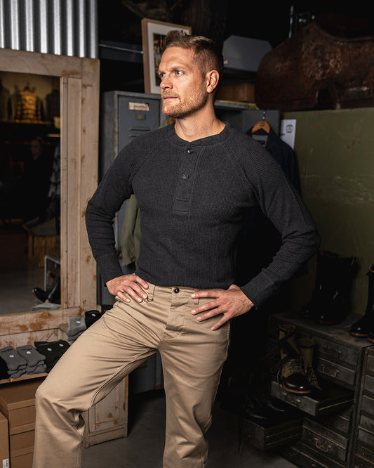 Waffelstrick Shirt Herren grau Pike Brothers 1936 Henley Baumwolle