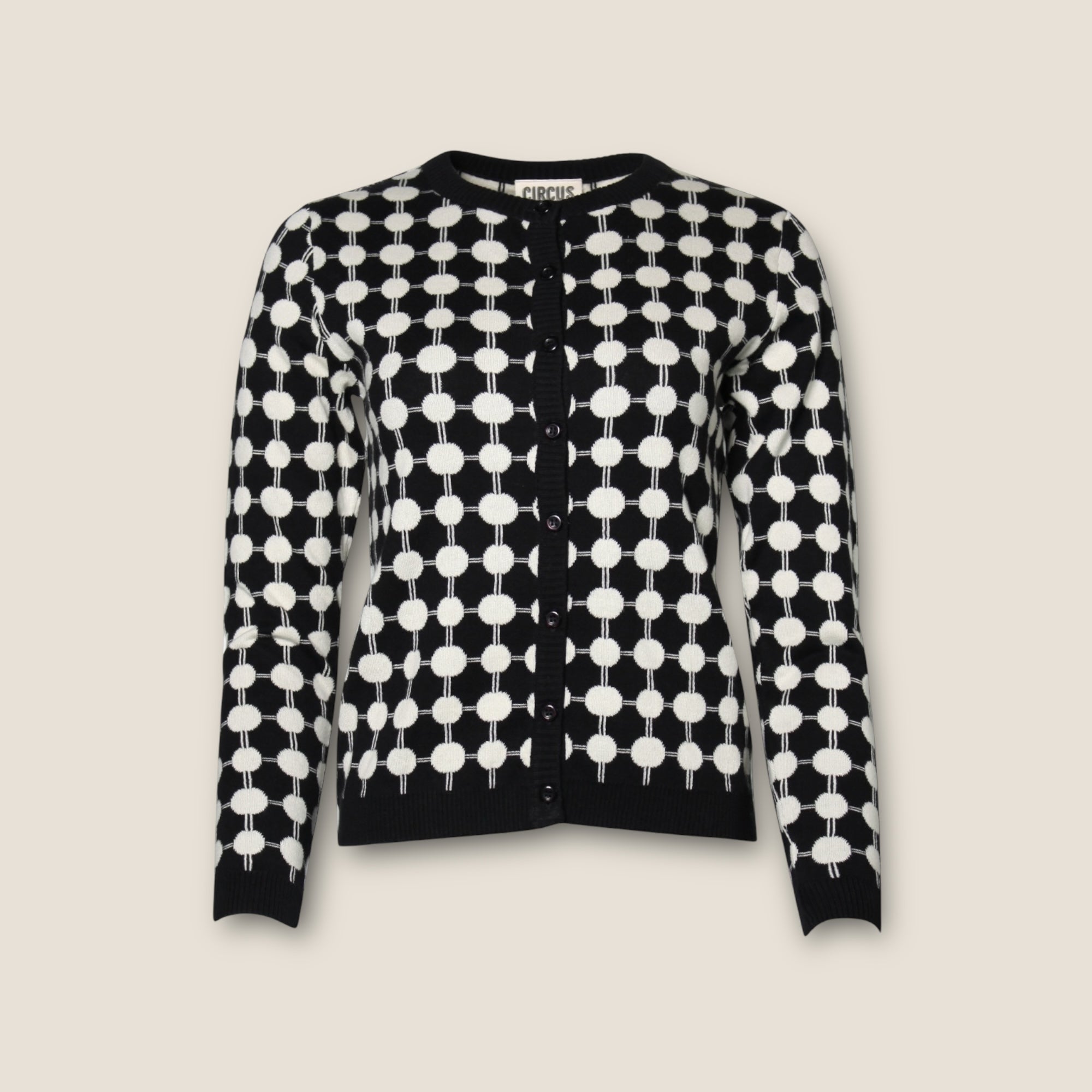 Nachhaltige Strickjacke Damen schwarz weiß mit Kreis-Muster