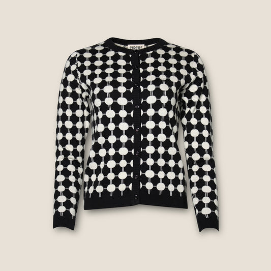 Nachhaltige Strickjacke Damen schwarz weiß mit Kreis-Muster