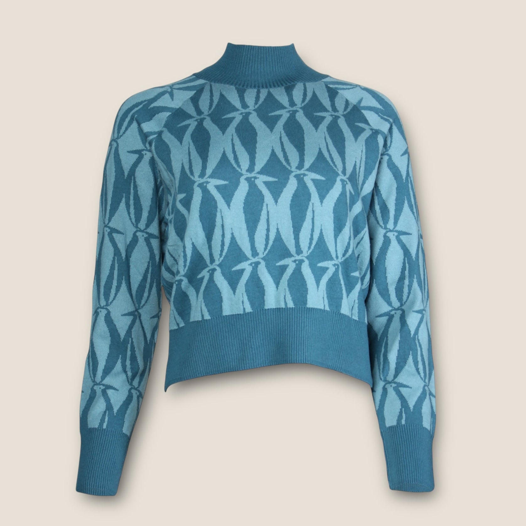 Strickpulli mit Pinguin-Muster Damen petrolblau Bio Baumwolle