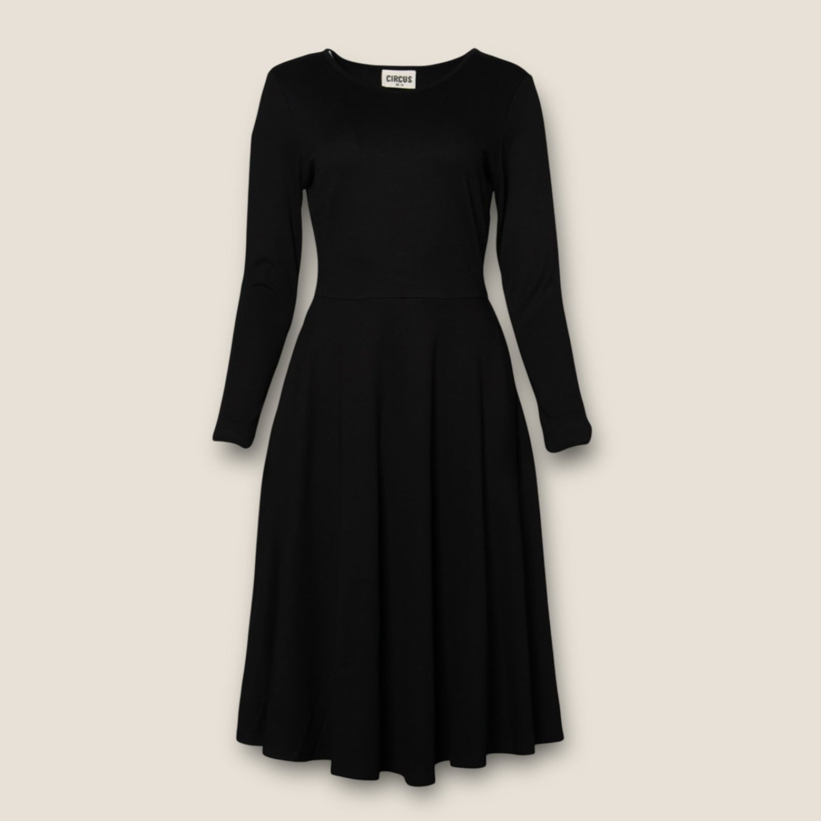 Schwarzes Swing Kleid Damen mit weitem Rockteil und langen Ärmeln