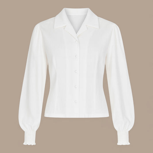 Banned Bonnie Blouse Cream Vintage Bluse mit Ballonärmeln und Revere-Kragen