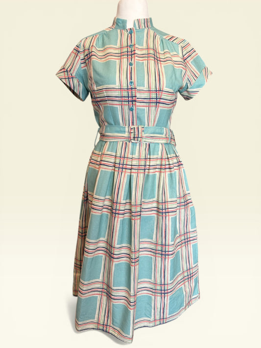 Louise Dress Teal Checks Hemdblusenkleid Damen Vintage Vorderansicht