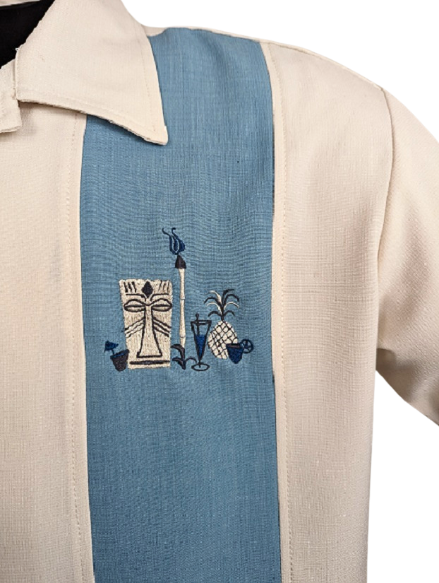 Rockabilly Bowling Shirt Herren creme aqua Detail Stickerei