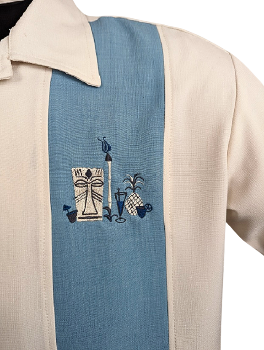 Rockabilly Bowling Shirt Herren creme aqua Detail Stickerei