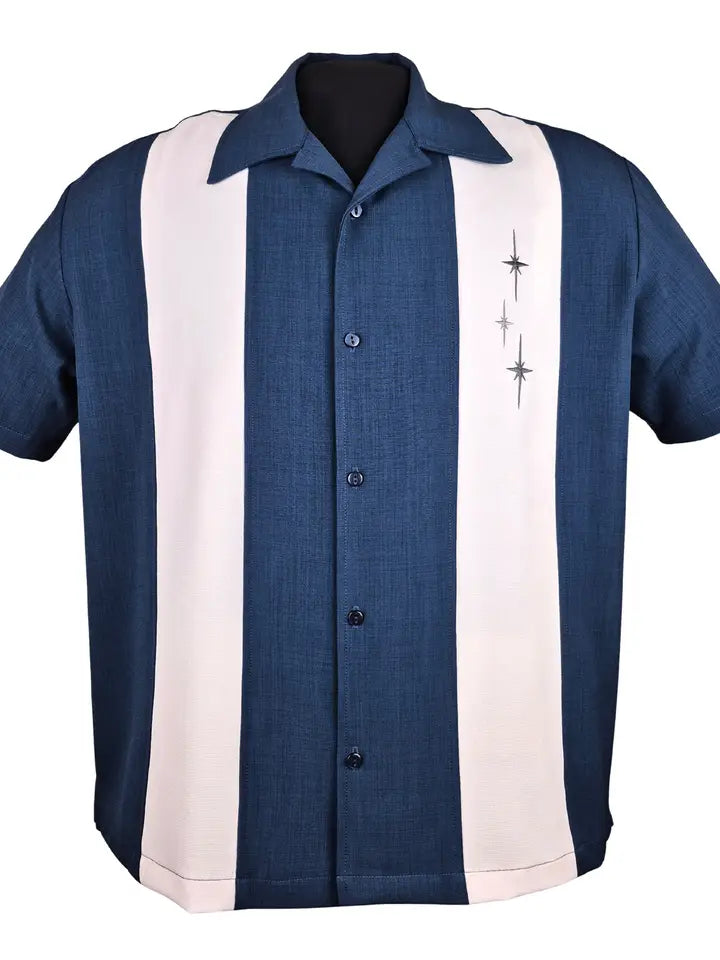 50er Jahre Bowling Shirt Herren mit Stickerei blau beige