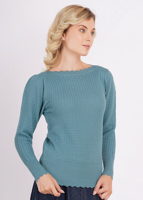 Eisblauer Larkspur Damenpullover von Circus Clothing – seitliche Trageansicht