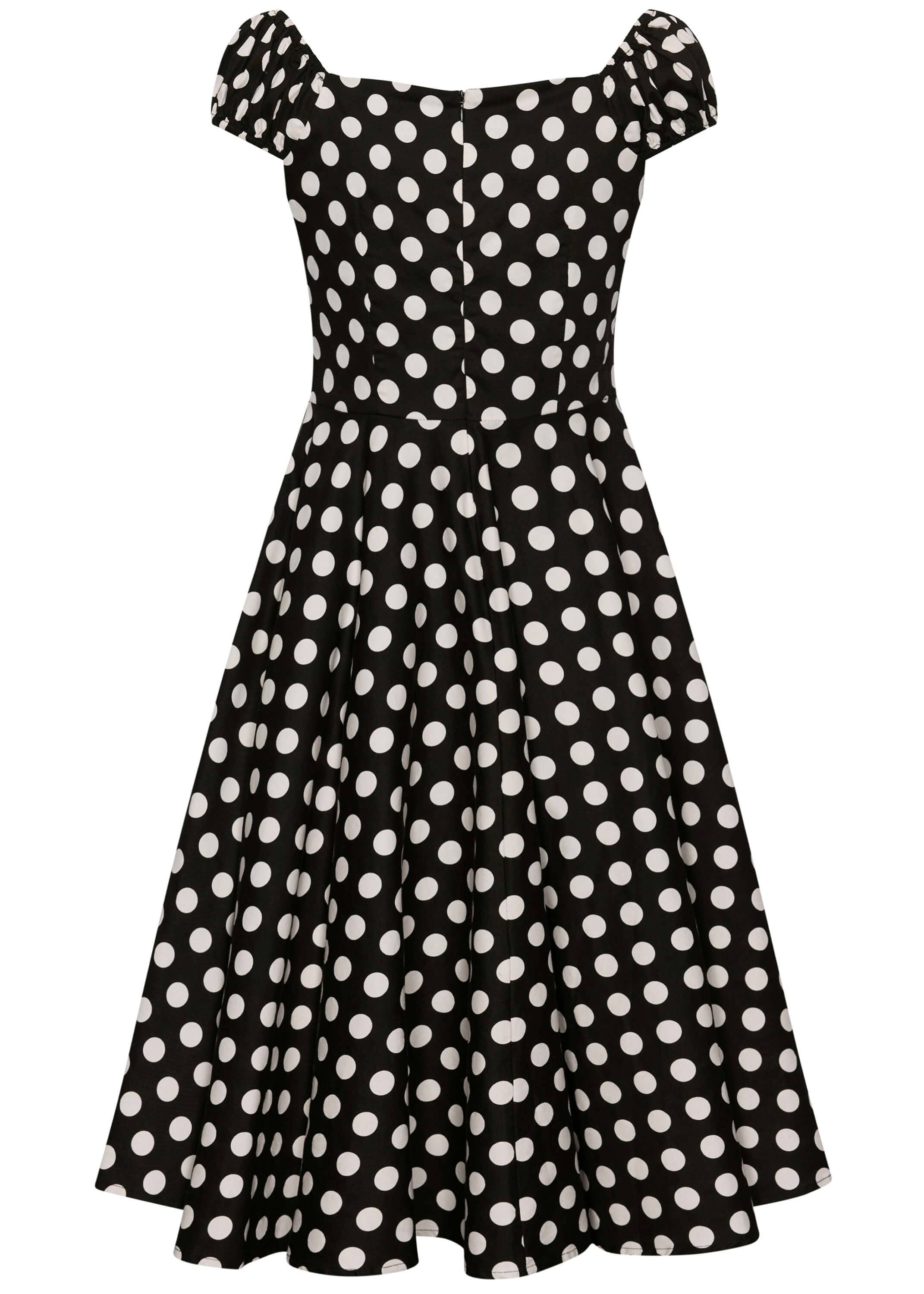 Fiona Polka Dot Kleid schwarz weiß mit Off-Shoulder-Ausschnitt und Tellerrock