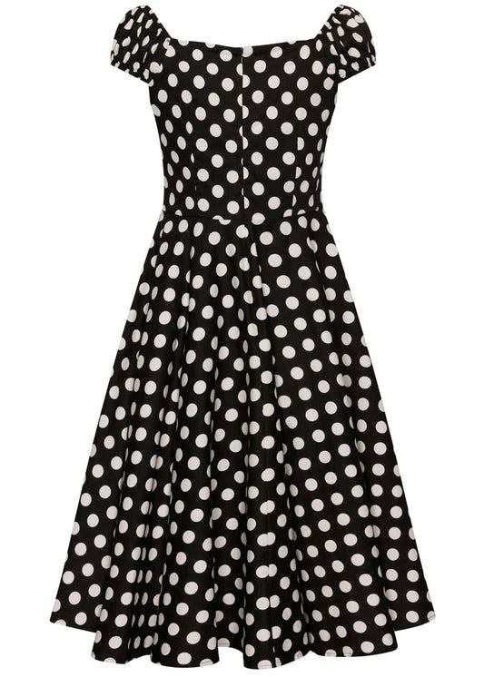 Fiona Polka Dot Kleid schwarz weiß mit Off-Shoulder-Ausschnitt und Tellerrock