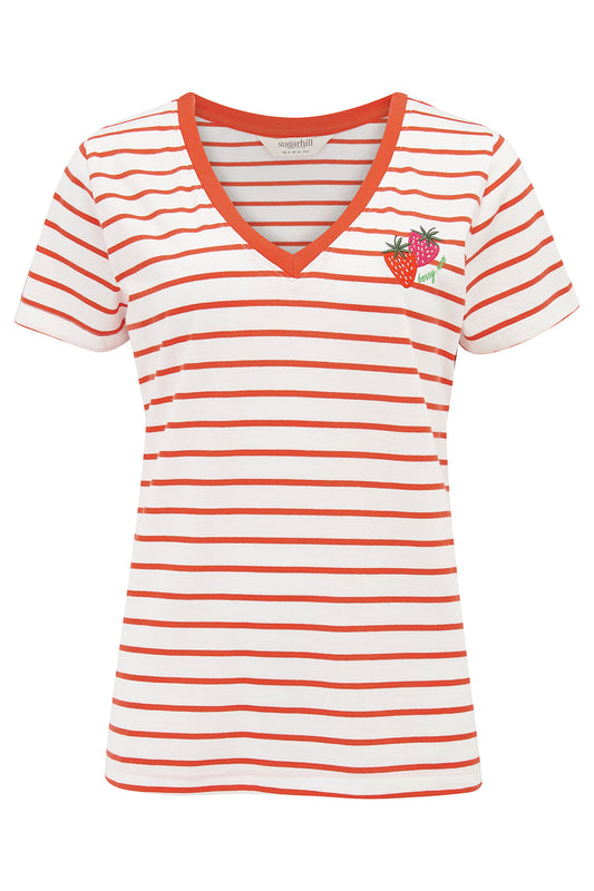Gestreiftes Damen T-Shirt in Rot Weiß mit Erdbeer Stickerei