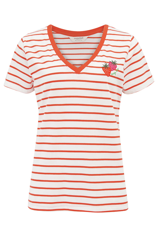 Gestreiftes Damen T-Shirt in Rot Weiß mit Erdbeer Stickerei