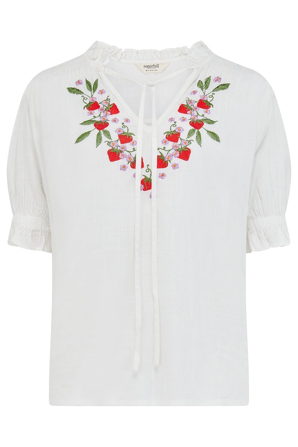 Bluse in offwhite mit Erdbeerstickerei