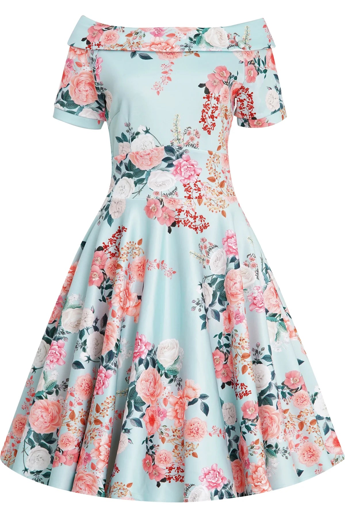 Frontansicht des mintfarbenen Dolly & Dotty Kleides mit floralem Print und 50er Jahre Silhouette