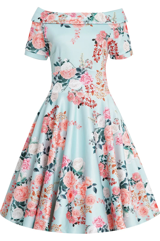 Frontansicht des mintfarbenen Dolly & Dotty Kleides mit floralem Print und 50er Jahre Silhouette