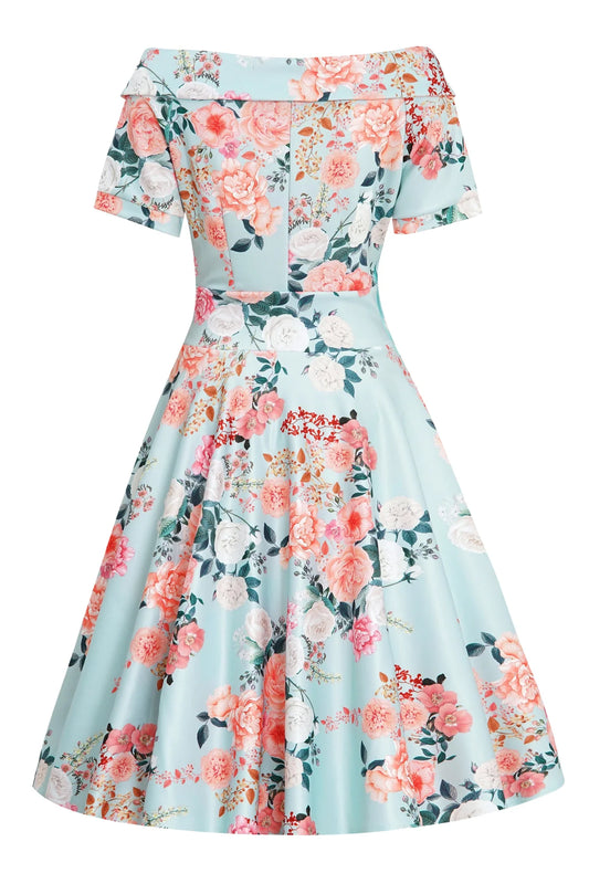 Rückansicht des mintfarbenen Dolly & Dotty Kleides mit floralem Print und 50er Jahre 