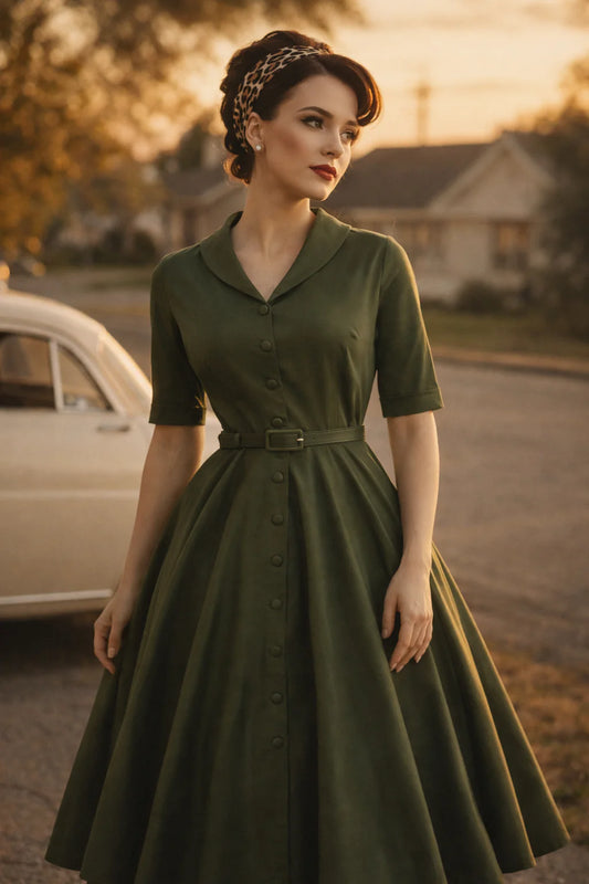 Vintage-inspiriertes Mollie Hemdblusenkleid in Army Green von Dolly & Dotty