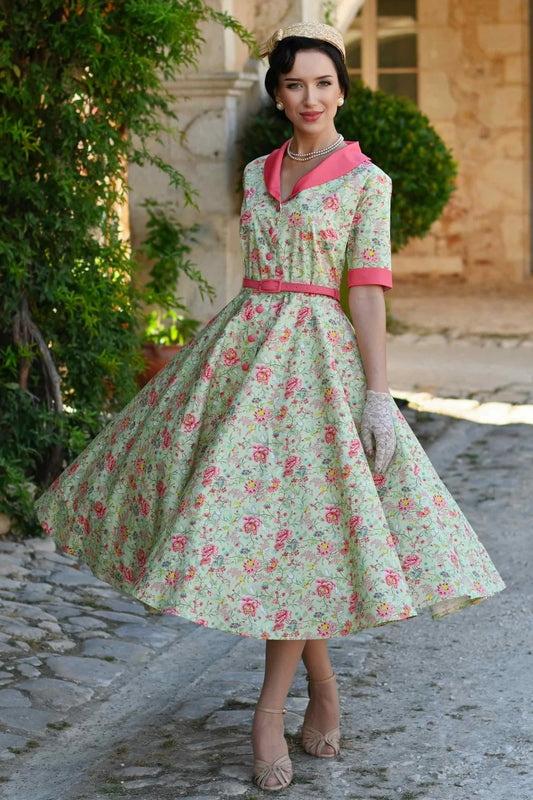 50er Jahre Hemdblusenkleid Mollie Peony Vine mit schwingendem Tellerrock