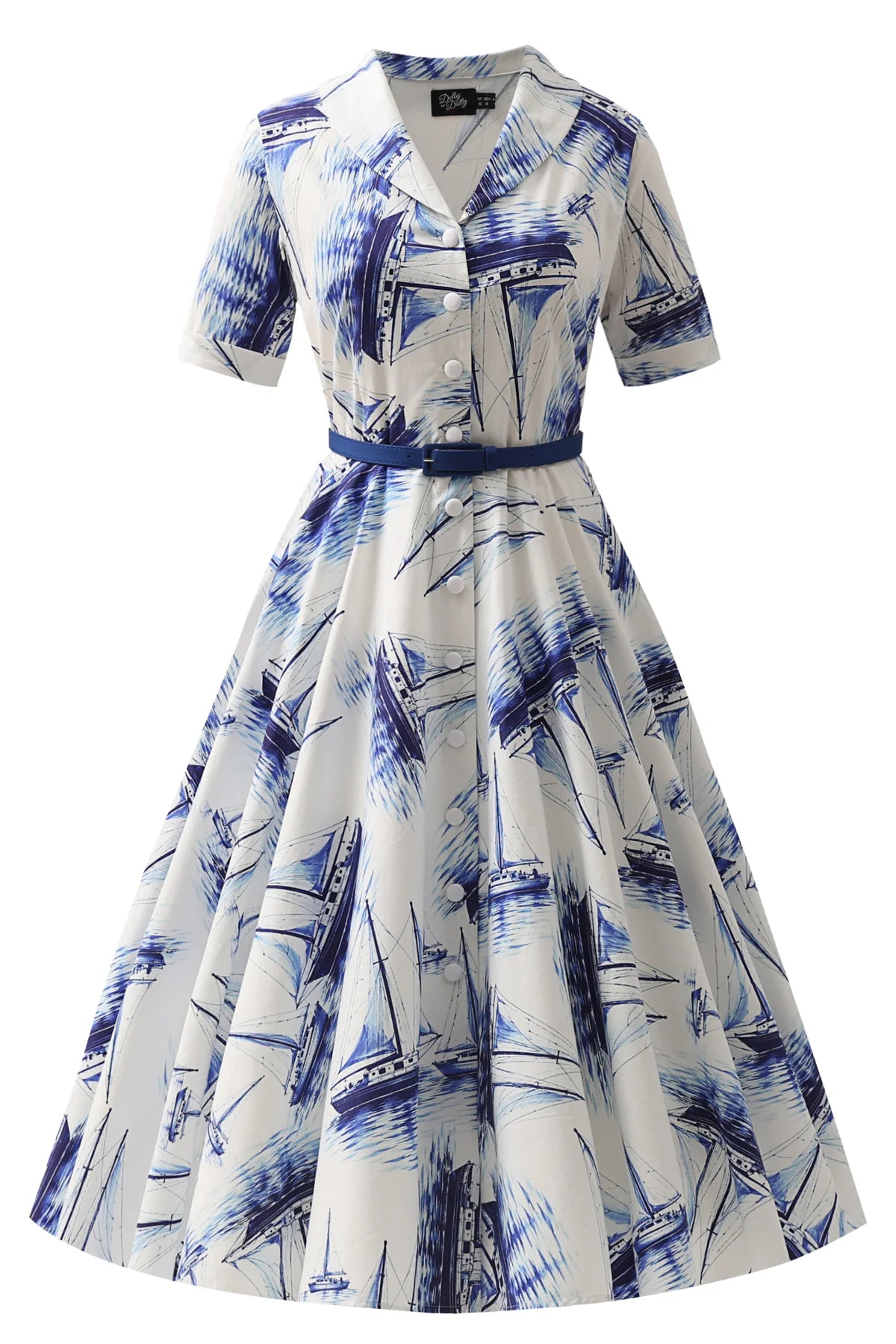 Vintage-inspiriertes Mollie Hemdblusenkleid mit blau-weißem Segelboot-Print von Dolly & Dotty