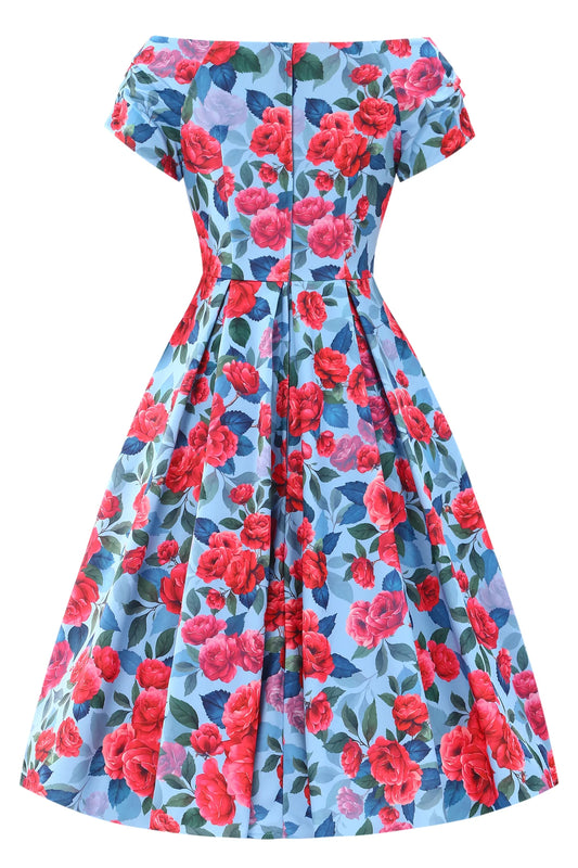 50er Jahre Lily Peony Dress in Blau mit schwingendem Rock und floraler Musterung