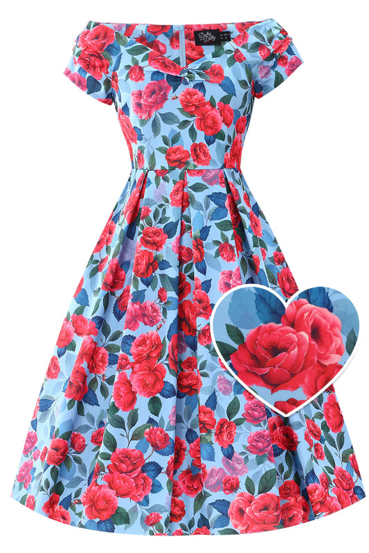 Vintage-inspiriertes Lily Swingkleid in Blau mit roten Pfingstrosen von Dolly & Dotty