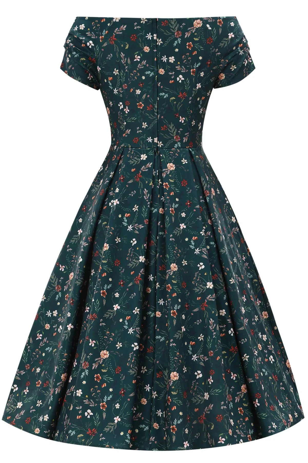 Detailaufnahme des smaragdgrünen Blumenranken-Prints des Lily Swingkleides