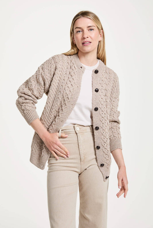 Achill Island Damen Aran Strickjacke Oatmeal – Merinowolle Irland