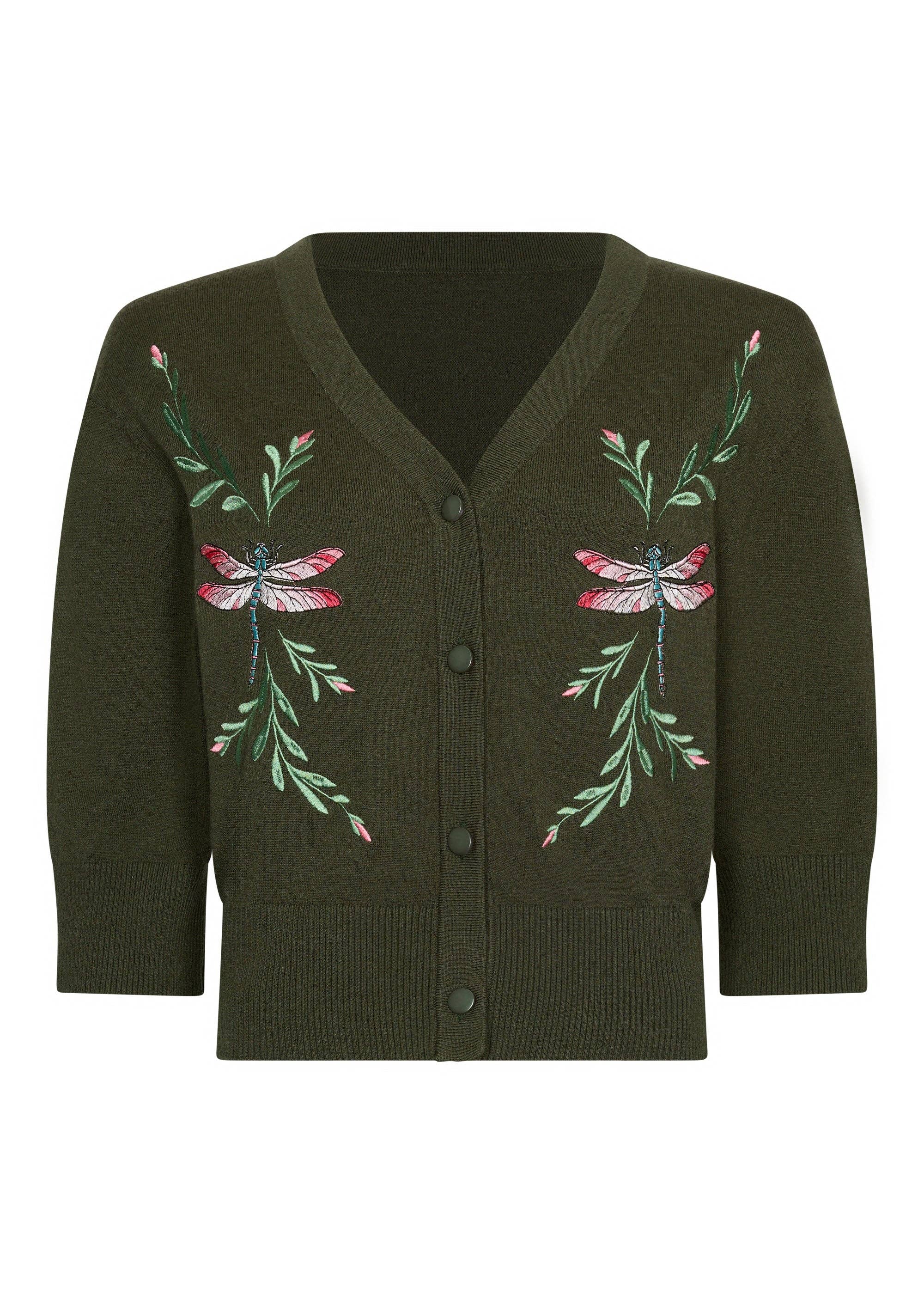 Olivgrüner Vintage Cardigan Cleo für Damen mit Libellen- und Blumenstickerei