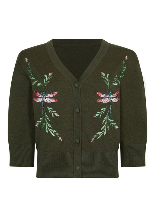 Olivgrüner Vintage Cardigan Cleo für Damen mit Libellen- und Blumenstickerei