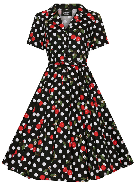 Vintage Hemdblusenkleid Damen schwarz mit Kirschen und Polka Dots