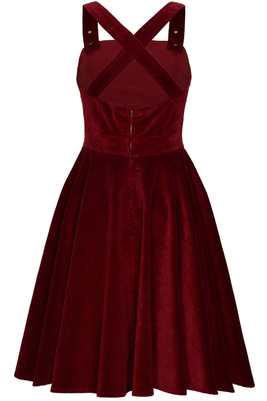Burgunderrotes Vintage Cord-Latzkleid mit Tellerrock und Taschen