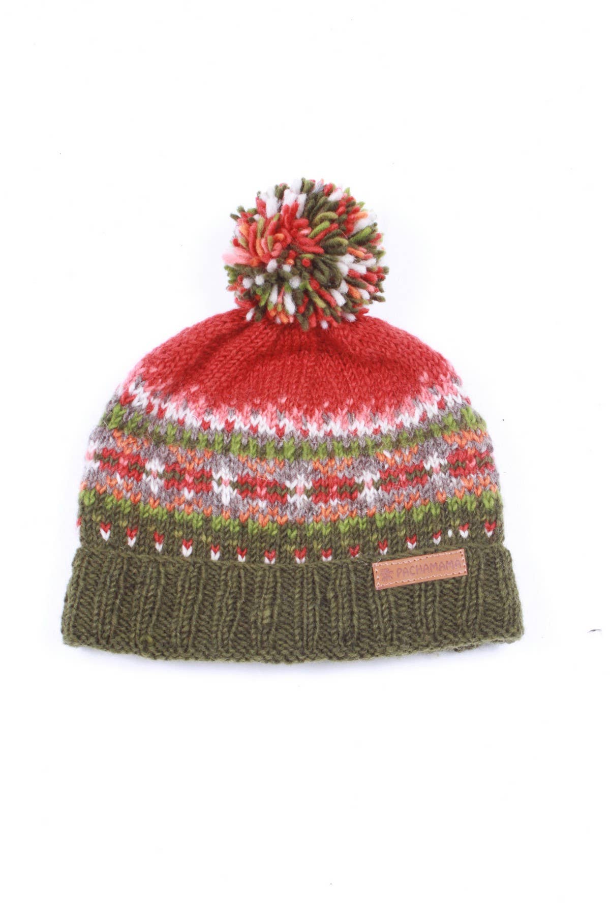 Pachamama Iona gestrickte Woll Bommelmütze im Fair Isle Muster freigestellt