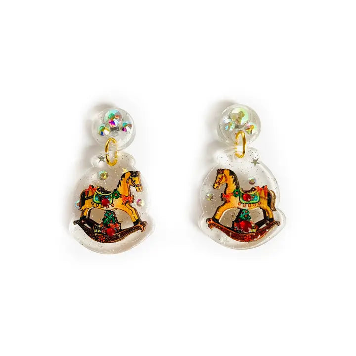 Vintage Schaukelpferd Ohrringe aus Resin mit Glitzer