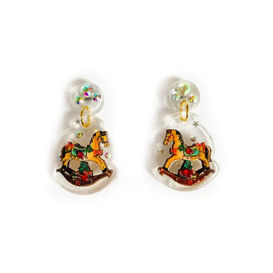 Vintage Schaukelpferd Ohrringe aus Resin mit Glitzer