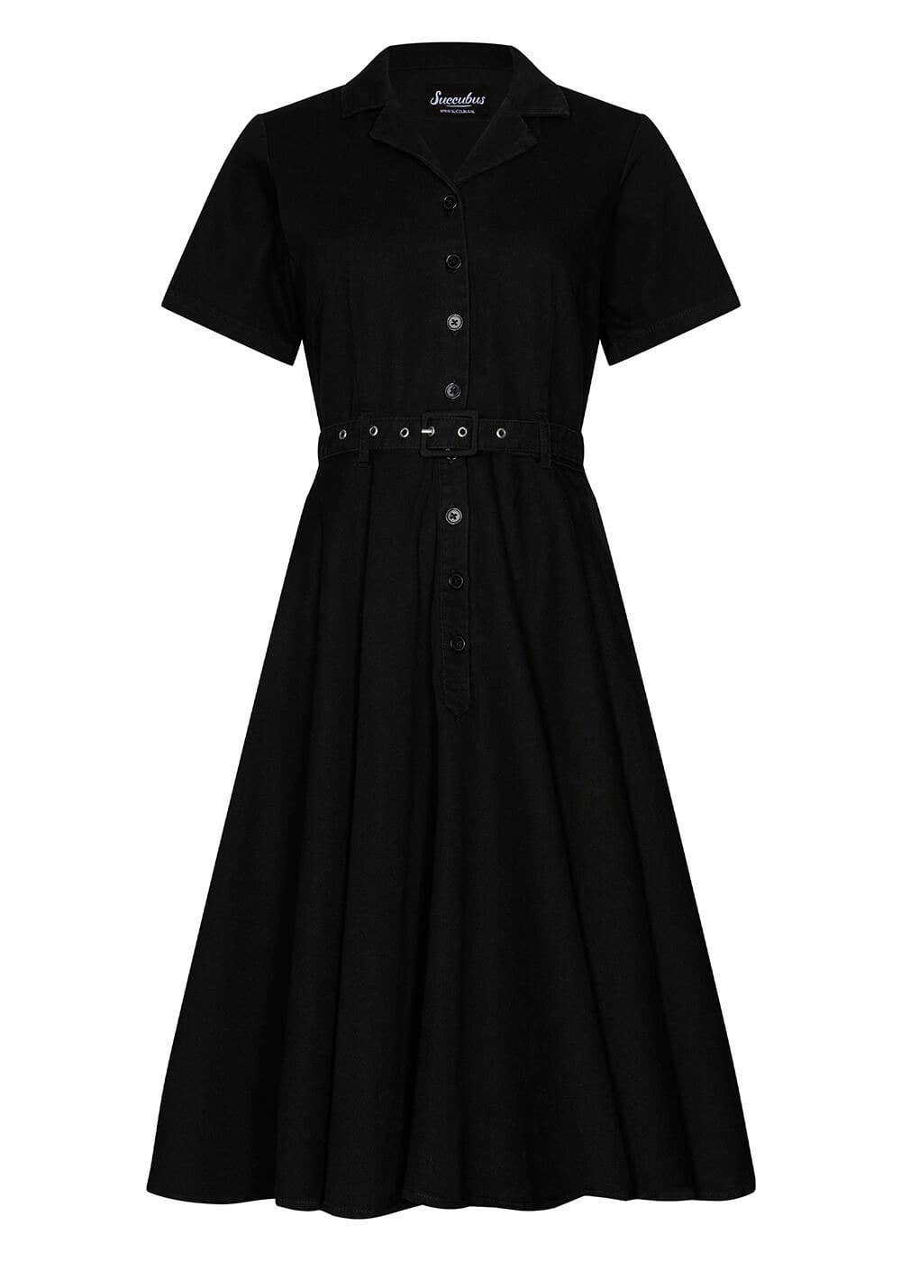 Ruby Denim 50er Swing Kleid Schwarz mit schwingendem Rock und Gürtel