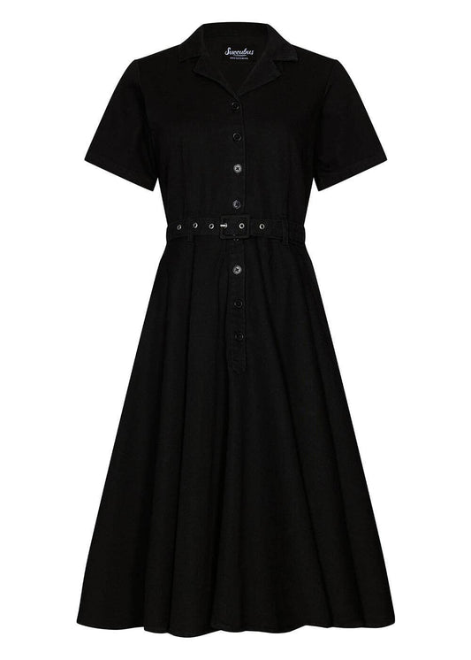 Ruby Denim 50er Swing Kleid Schwarz mit schwingendem Rock und Gürtel