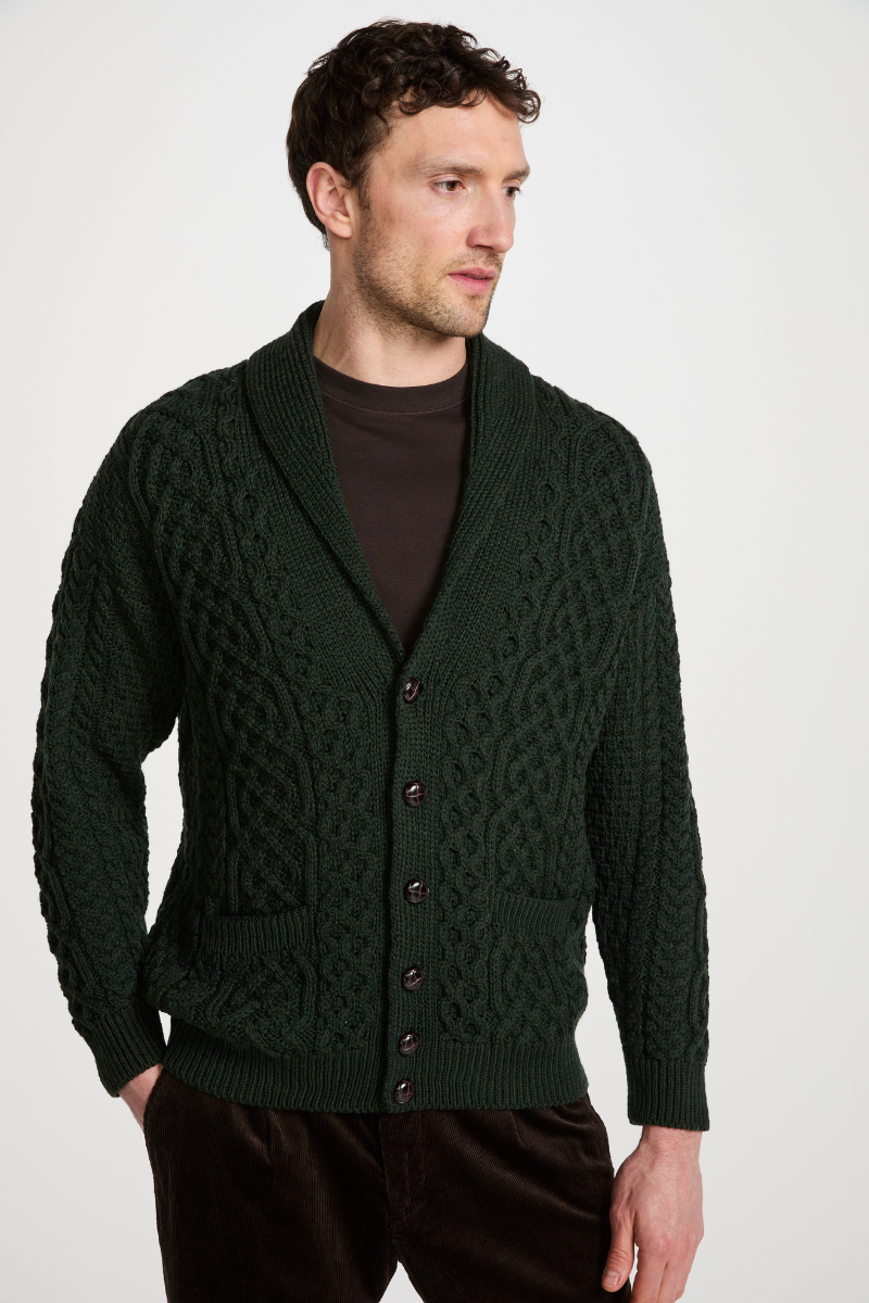 Herren Merino Schalkragen-Cardigan Grün Aran Woollen Mills Carlingford