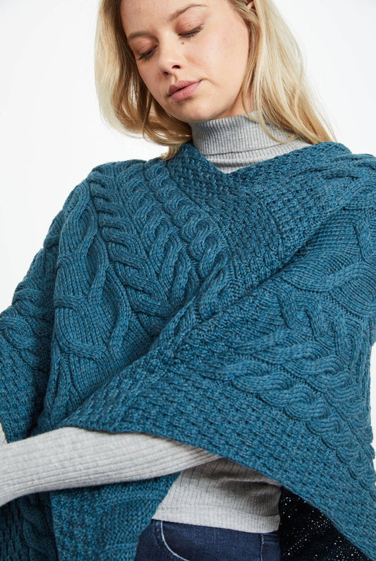 Aasleagh Falls Damen Aran Poncho - Teal - Dotty&Dan