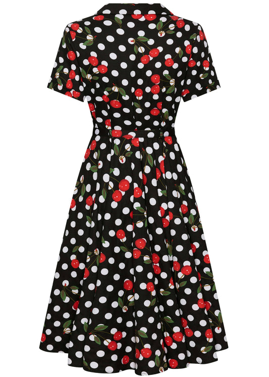 Vintage Swingkleid Damen schwarz weiß gepunktet mit Kirschen